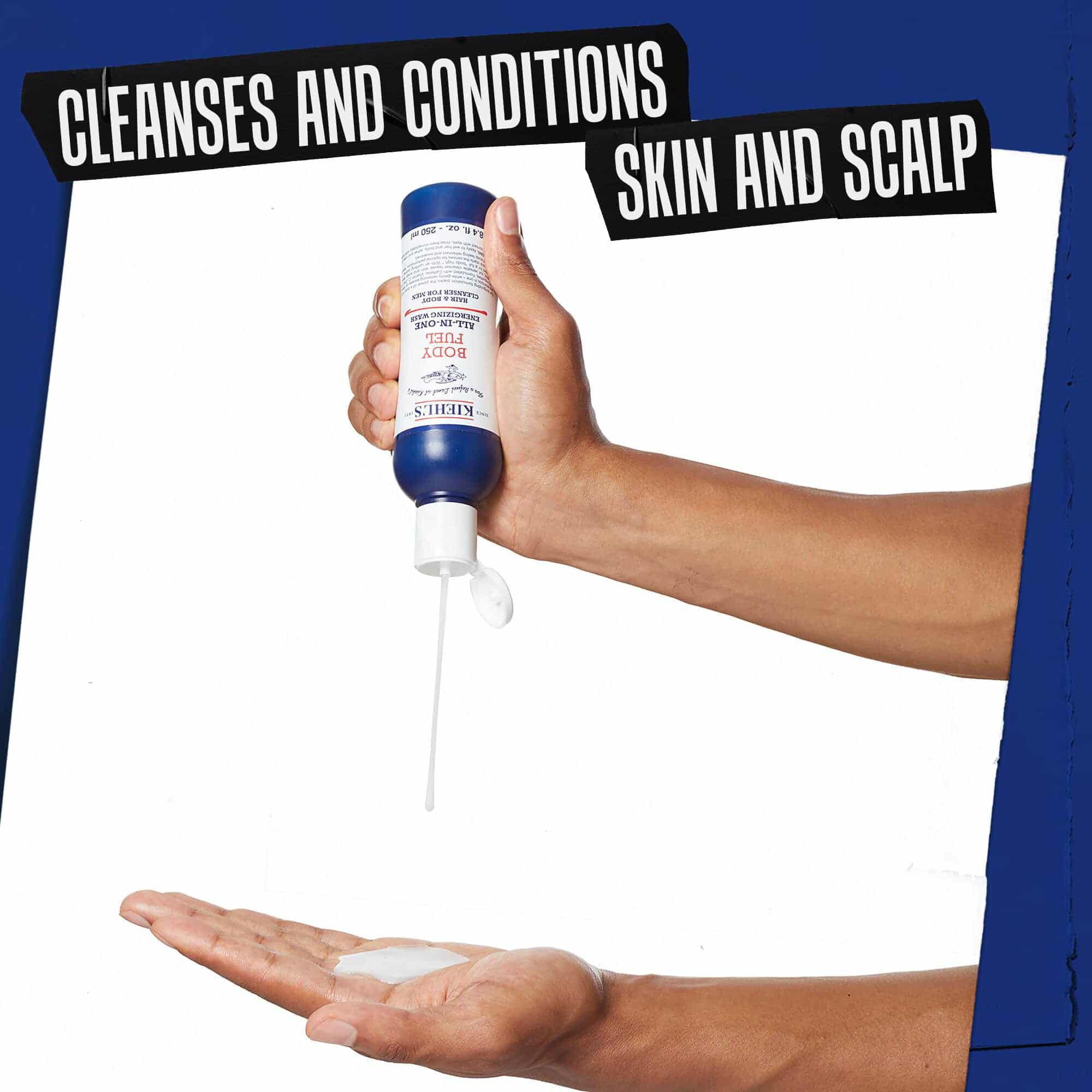 Ruka davkujici Body Fuel All-In-One Energizing Wash; čisti a ošetřuje pokožku a vlasovou pokožku.