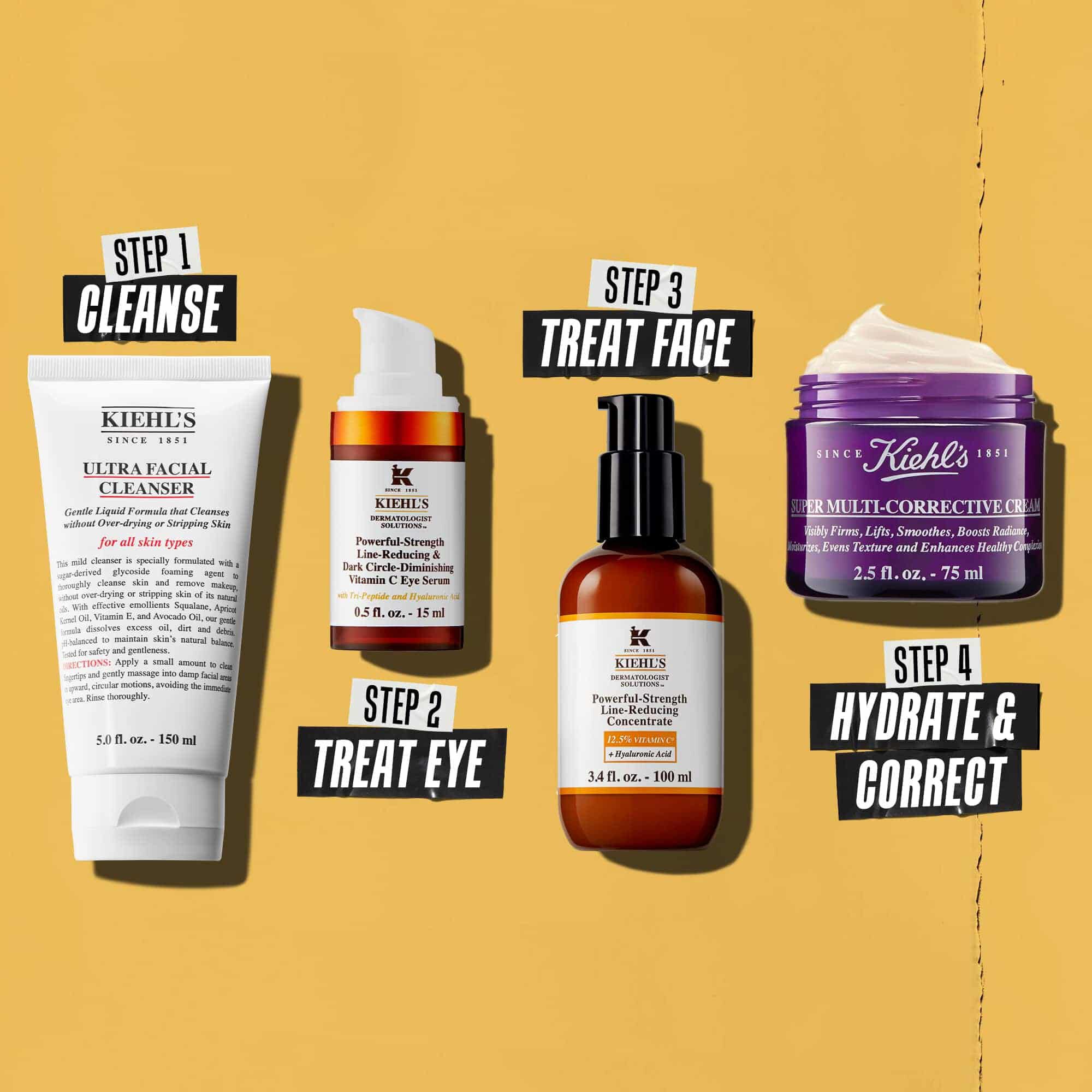 Čtyři produkty Kiehl's představujici rutinu peče o pleť. Zleva doprava: čistici připravek, očni krem, Powerful-Strength Line-Reducing Concentrate a hydratačni krem.