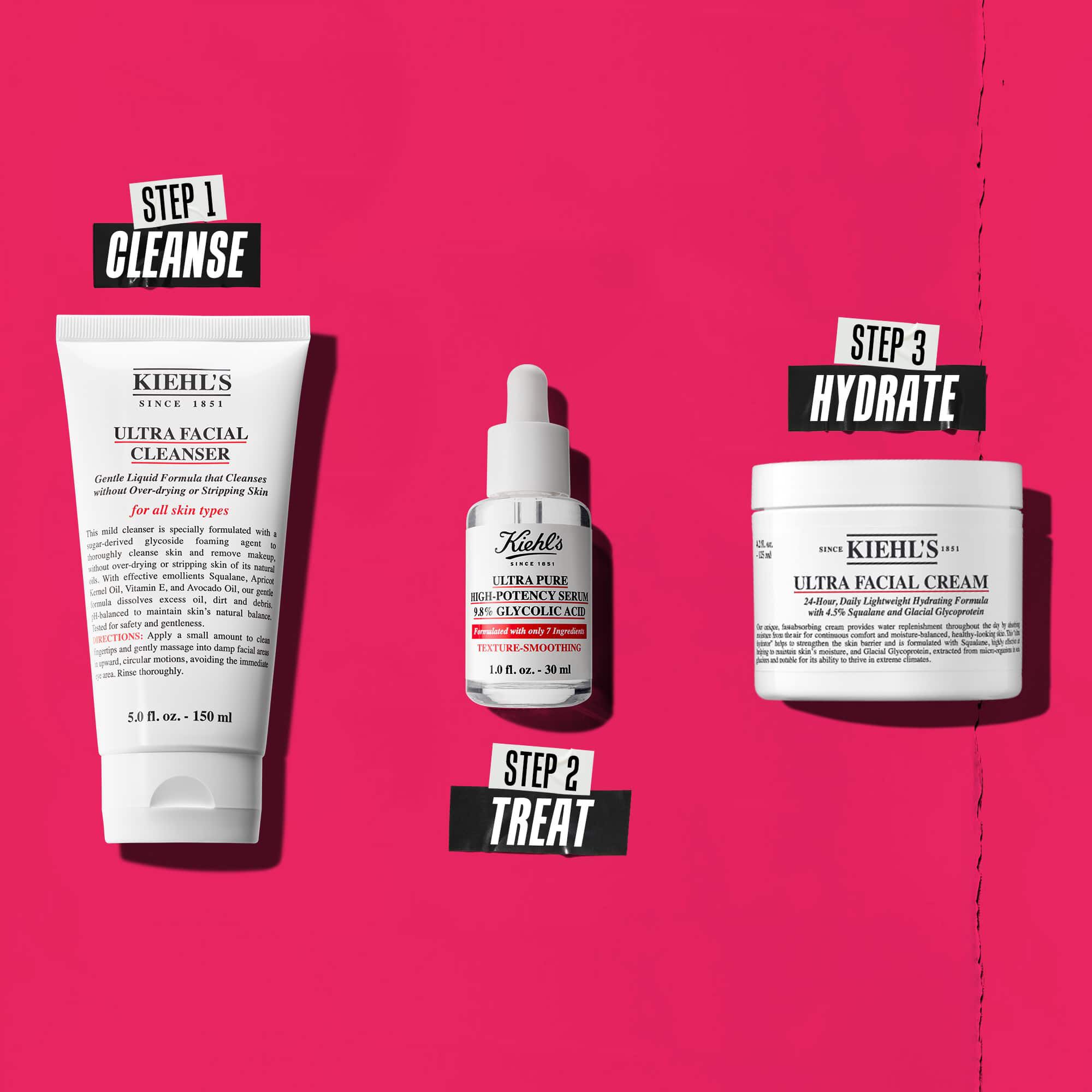 Třikrokova rutina s produkty Kiehl's. Krok 1: Ultra Facial Cleanser. Krok 2: Serum s kyselinou glykolovou. Krok 3: Ultra Facial Cream.