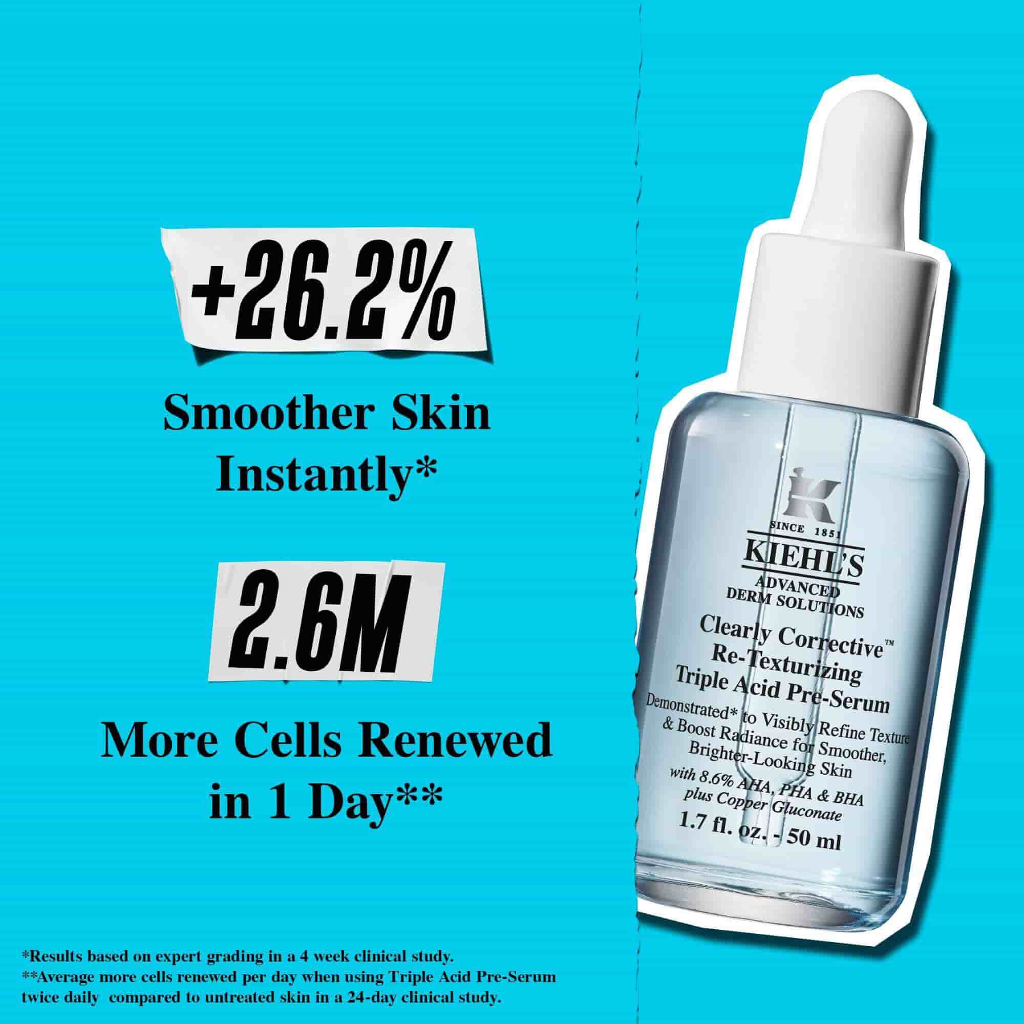 Lahvička Clearly Corrective Triple Acid Peel na modrem pozadi s textem: „+41 % hladši textura.“