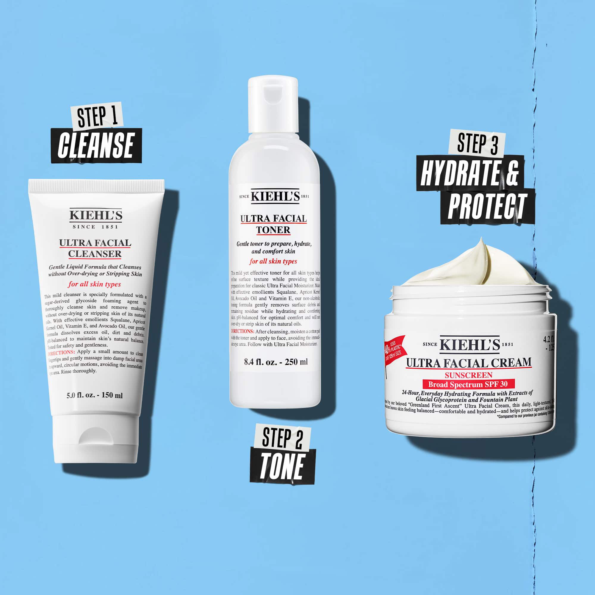 Třikrokova rutina s produkty Kiehl's. Krok 1: Ultra Facial Cleanser. Krok 2: Ultra Facial Toner. Krok 3: Ultra Facial Cream SPF 30.
