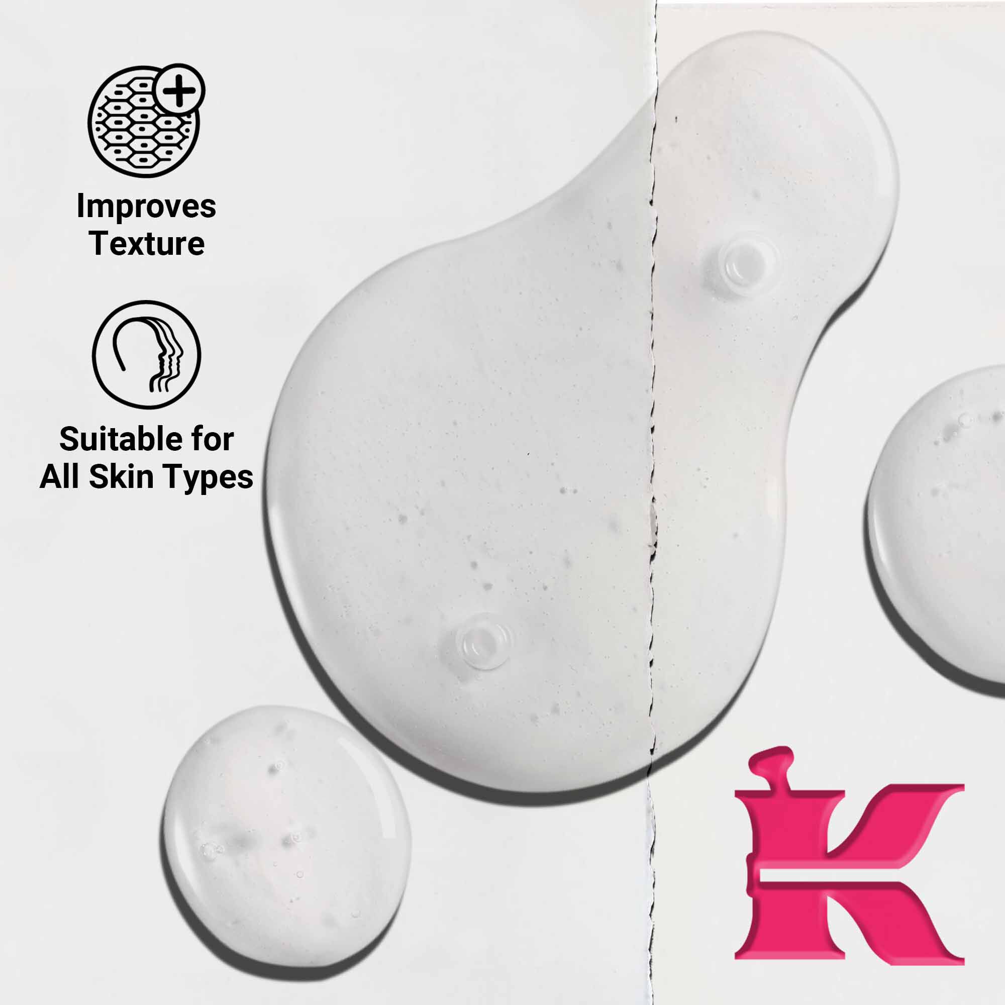 Detail textury Ultra Pure 9.8% Glycolic Acid Serum ukazujici čire kapičky kapaliny. Text zdůrazňuje schopnost zlepšovat texturu a vhodnost pro všechny typy pleti.