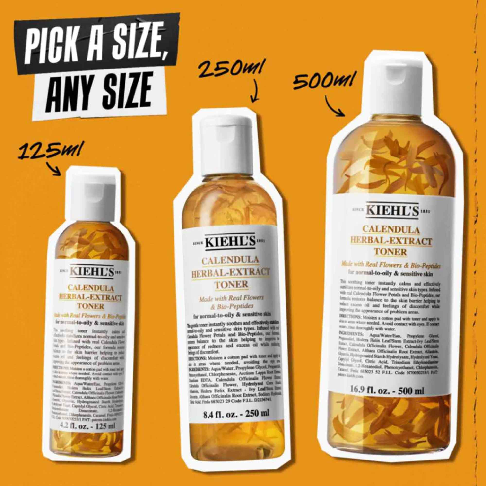 Tři lahvičky Calendula Herbal-Extract Toner v různych velikostech (125 ml, 250 ml, 500 ml) na oranžovem pozadi s textem „Vyberte si velikost, jakoukoli velikost.“
