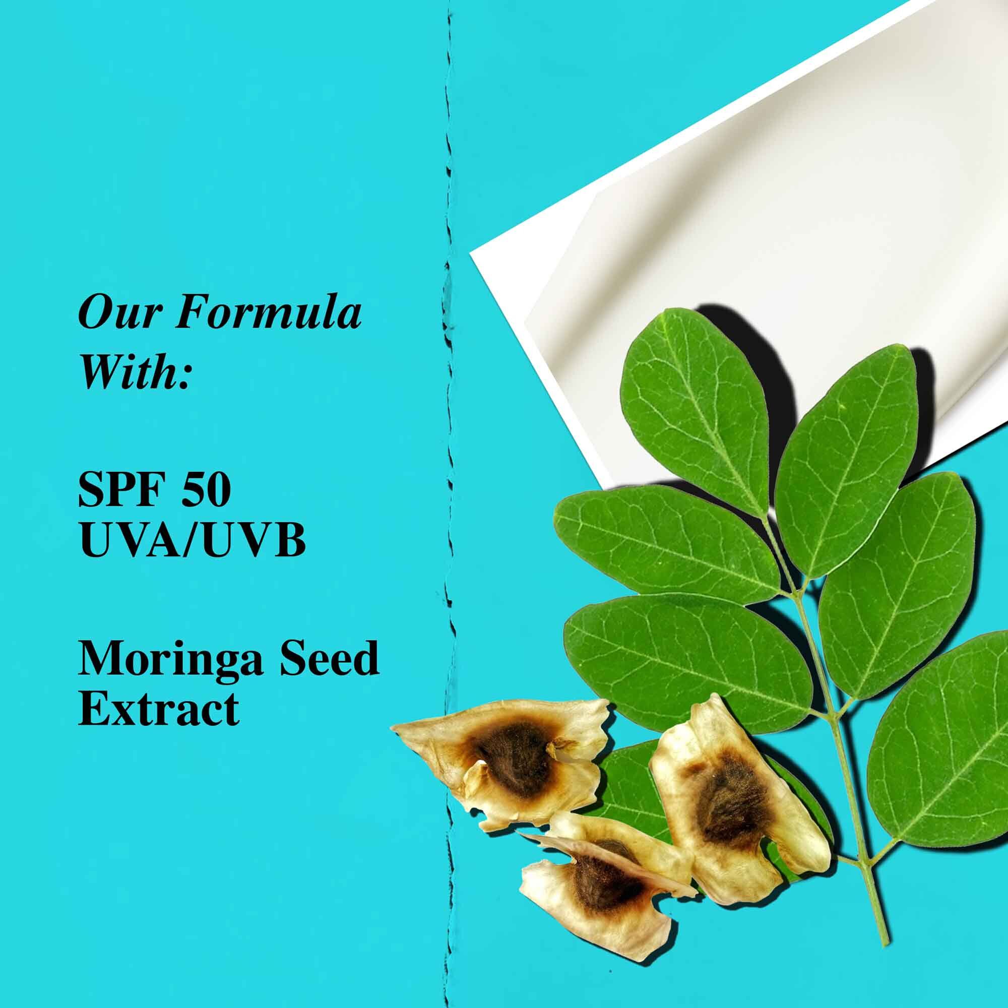 Grafika zdůrazňujici kličove složky Ultra Light Daily UV Defense Aqua Gel, včetně SPF 50 a extraktu ze semen moringy.