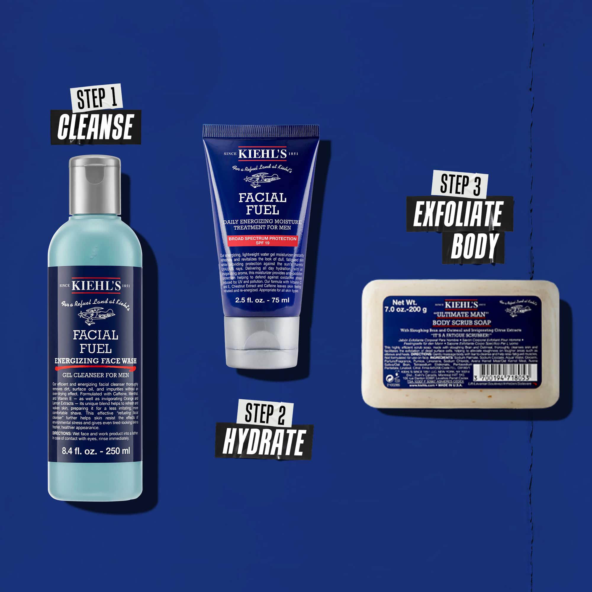 Tři produkty Kiehl's představujici rutinu. Zleva doprava: Facial Fuel Cleanser, Facial Fuel Moisturizer a Ultimate Man Body Scrub Soap.