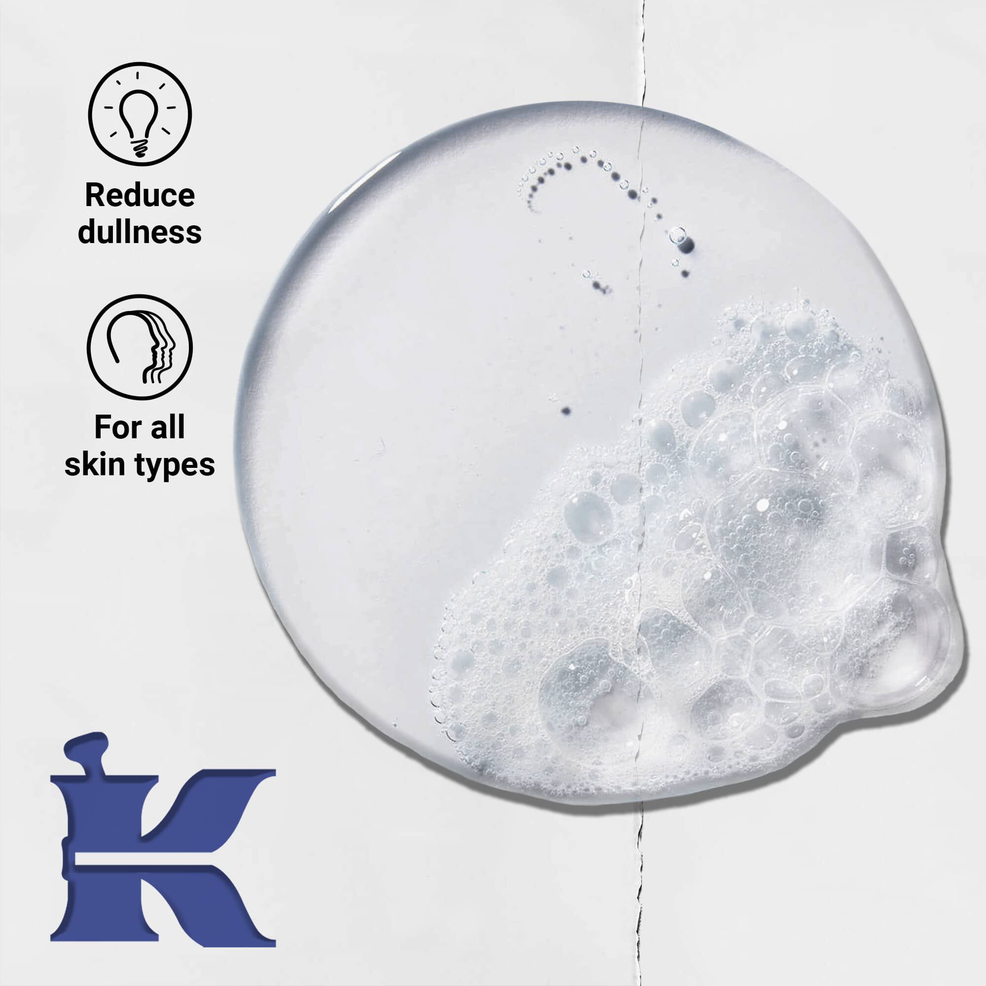 Fotografie textury Facial Fuel s ikonami uvadějicimi, že potlačuje unavu a je pro všechny typy pleti