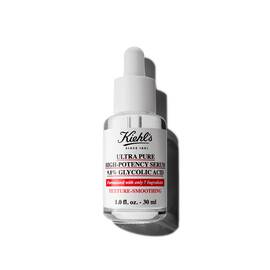 30ml lahvička Kiehl's Ultra Pure 9.8% Glycolic Acid Serum na bilem pozadi.