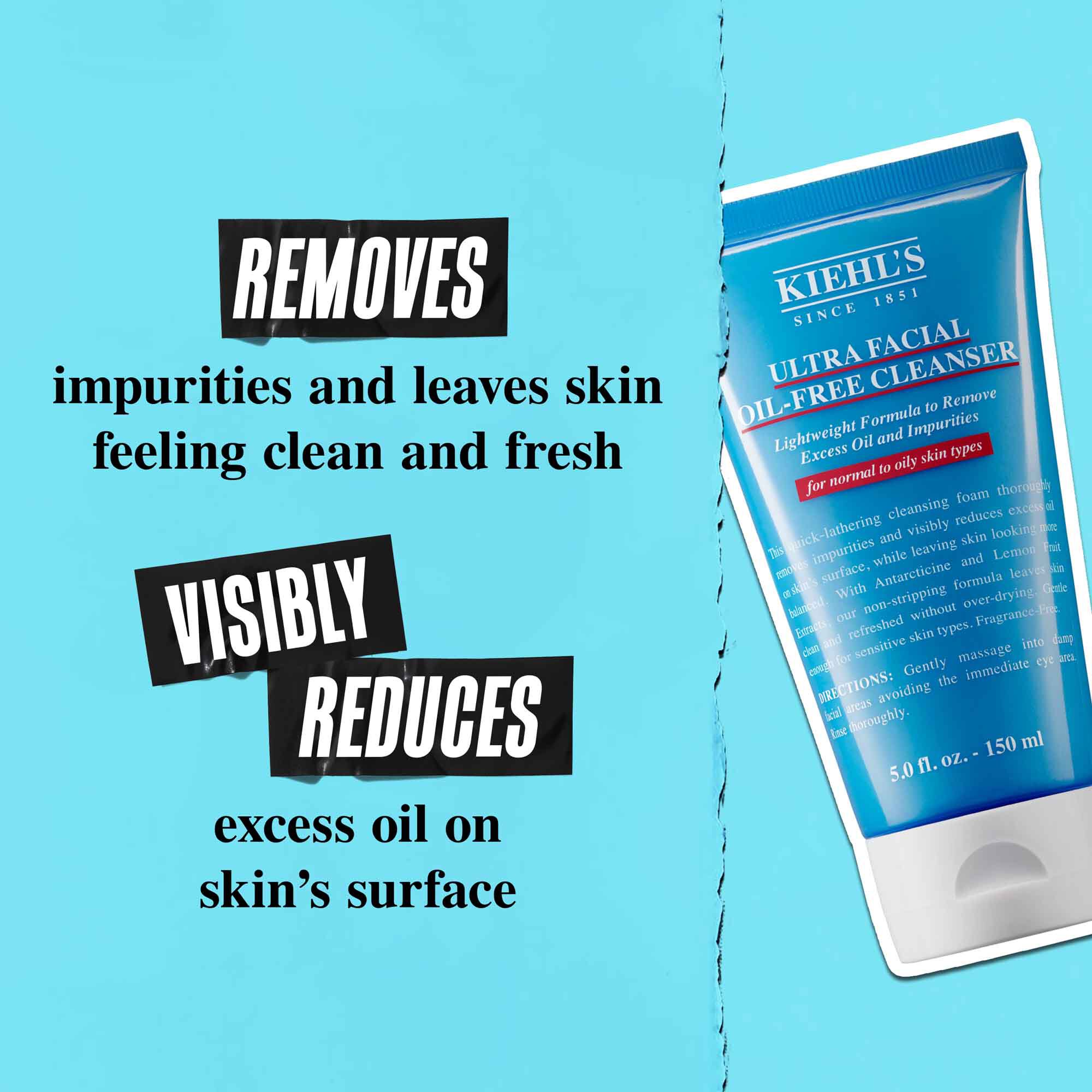 Tuba Ultra Facial Oil-Free Cleanser na modrem pozadi s textem: „Odstraňuje mastnotu a zanechava pleť viditelně redukovanou o přebytečny maz na povrchu.“