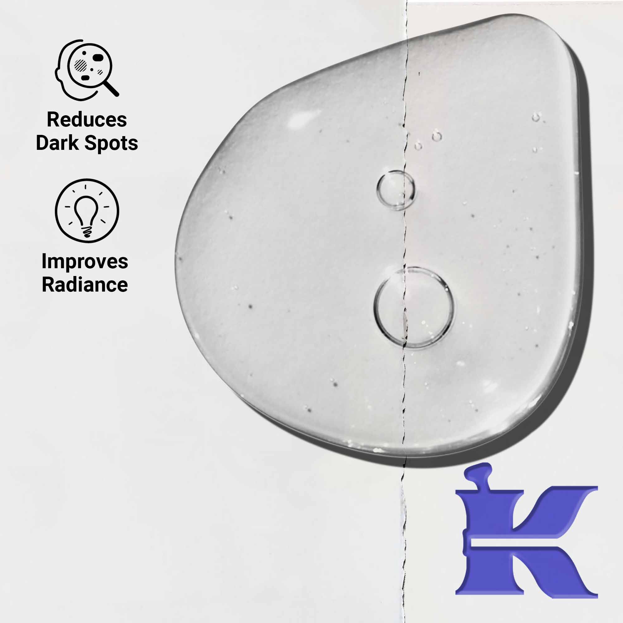Detail textury Clearly Corrective Dark Spot Solution ukazujici čire kapky tekutiny.