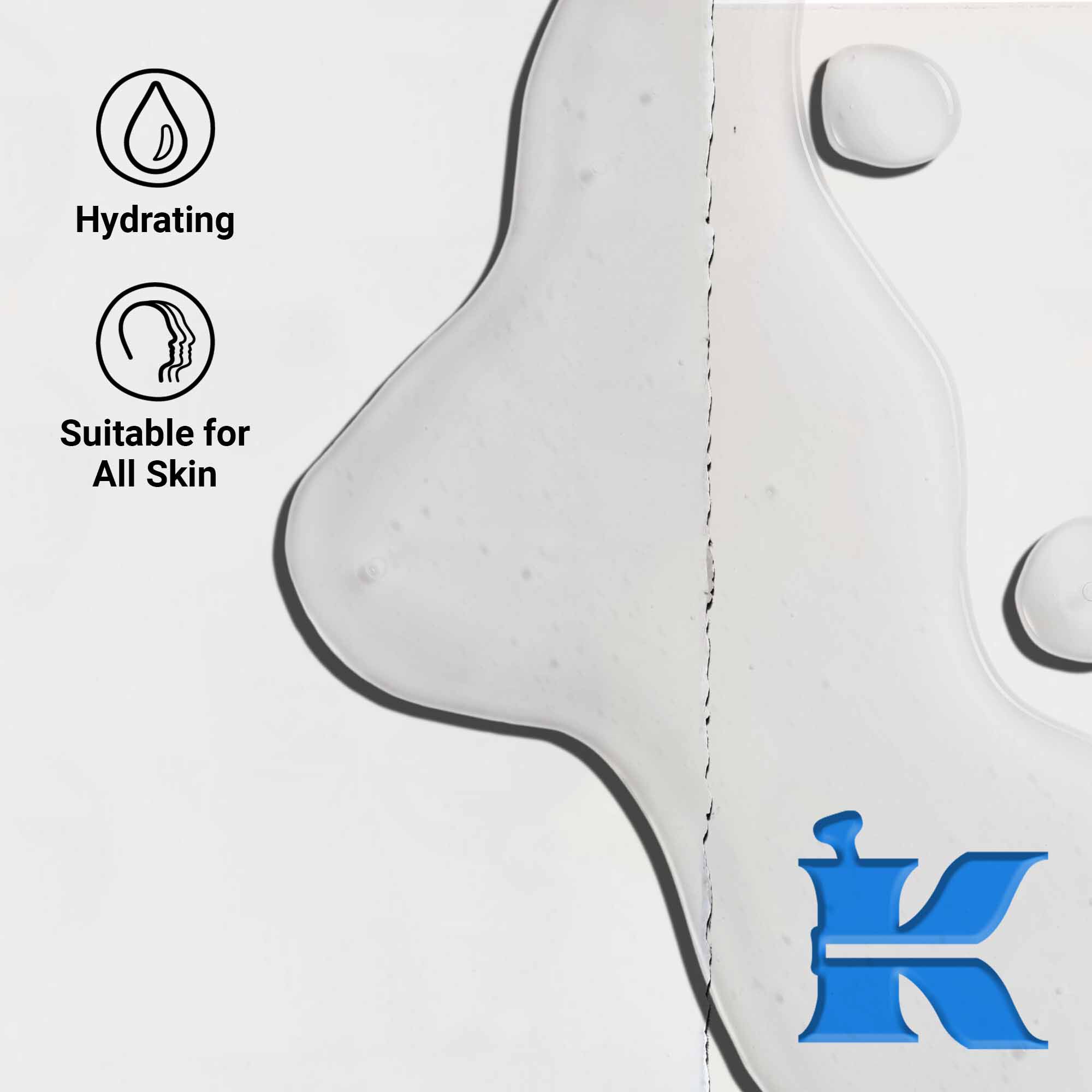 Detail textury Ultra Pure 1.5% Hyaluronic Acid Serum ukazujici čire kapičky kapaliny. Text zdůrazňuje hydratačni vyhody a vhodnost pro všechny typy pleti.