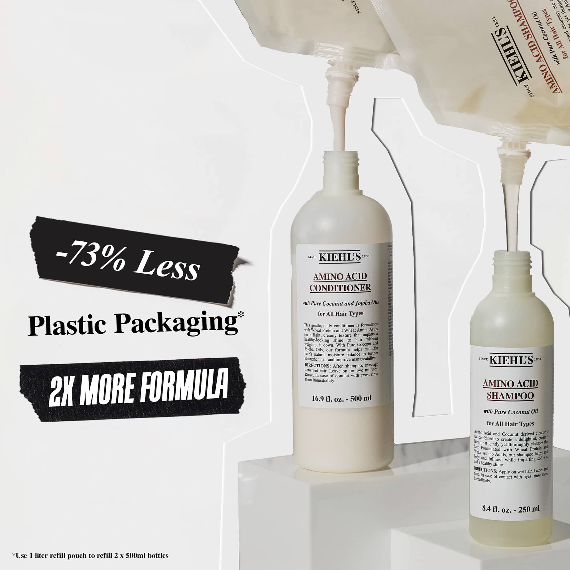 73 % meně plastoveho obalu a 2x više umělej vyživy s naplni Kiehl's Aminoacid Conditioner
