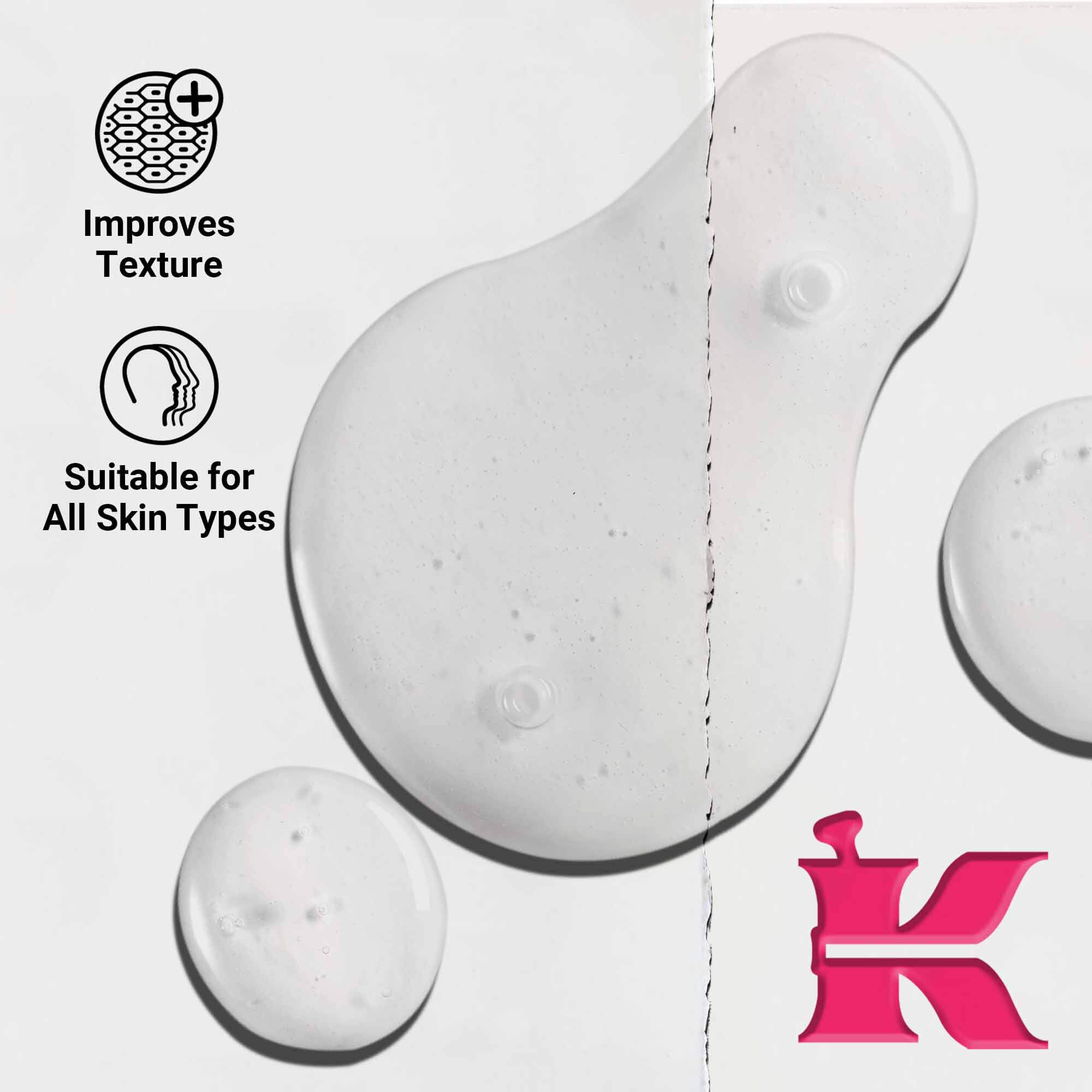 Detail textury Ultra Pure 9.8% Glycolic Acid Serum ukazujici čire kapičky kapaliny. Text zdůrazňuje schopnost zlepšovat texturu a vhodnost pro všechny typy pleti.