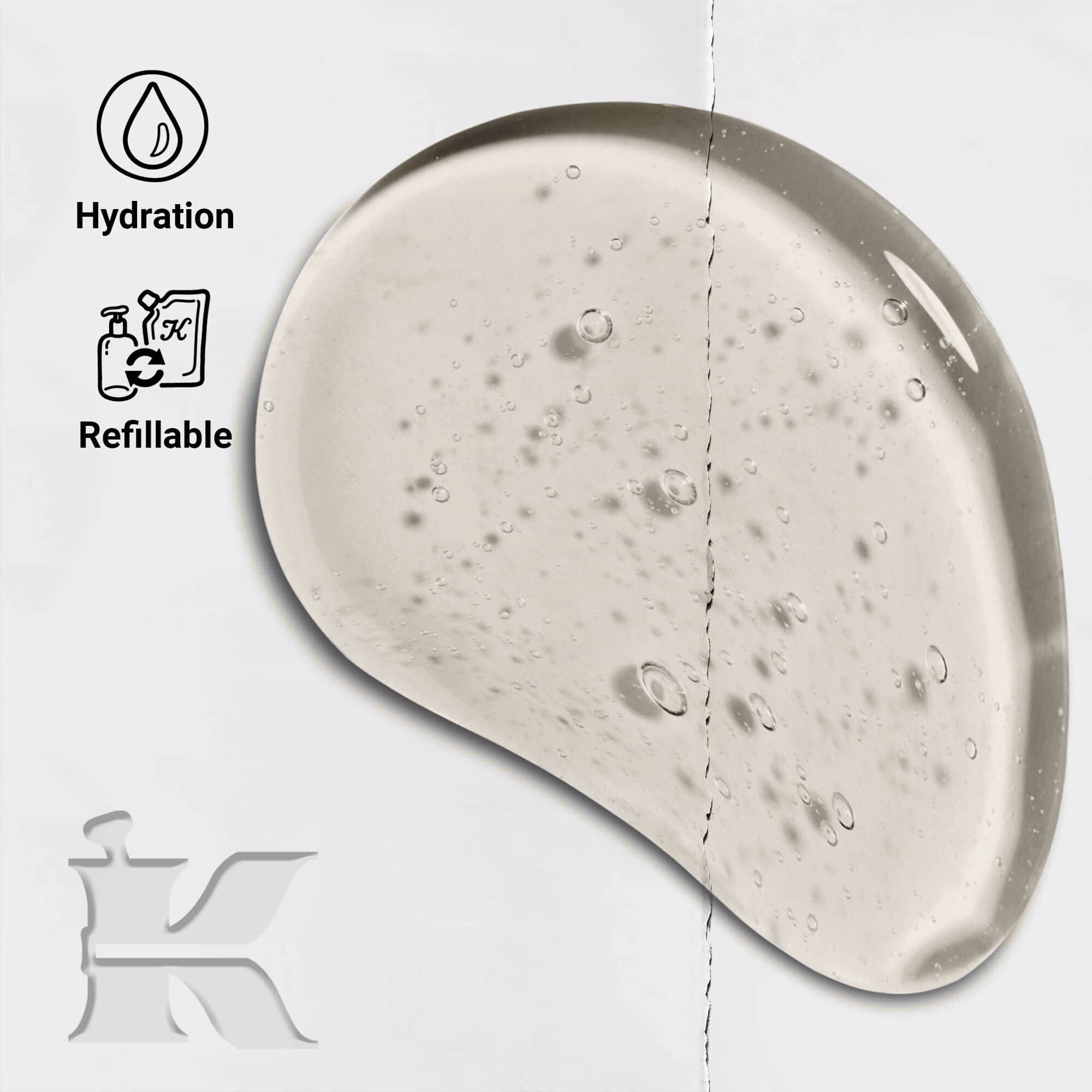 Fotografie textury šamponu Amino Acid s ikonami ukazujicimi, že je plnitelny a poskytuje hydrataci