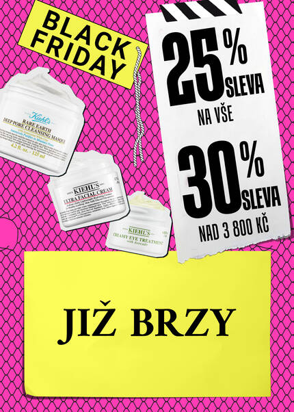 Alt text: "Pozadi s růžovymi geometrickymi vzory a napisem 'BLACK FRIDAY'. Zobrazeny dva kremy Kiehl's a vyprodejove štitky s procenty slev: 25% na vše a 30% při nakupu nad 3 800 Kč