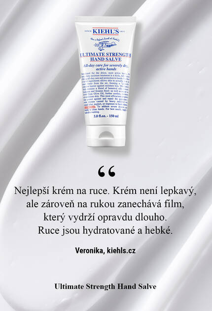 Туба с крем за ръце "Ultimate Strength Hand Salve" на Kiehl's, поставена на бяла вълнообразна повърхност. Текстът обяснява характеристиките на продукта.