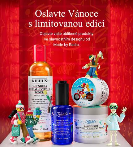 A festive display featuring limited edition beauty products and holiday-themed decorations, alongside colorful figurines. The background features a vibrant red design with holiday motifs. Text reads, "Celebrate the Holidays with our Limited Editions."