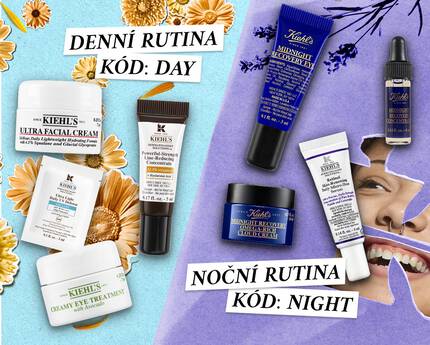 Reklamni banner Kiehl's s produkty pro denni a nočni peči o pleť, zvyrazněne květinami, s nabidkou darku při nakupu nad 2 300 Kč.