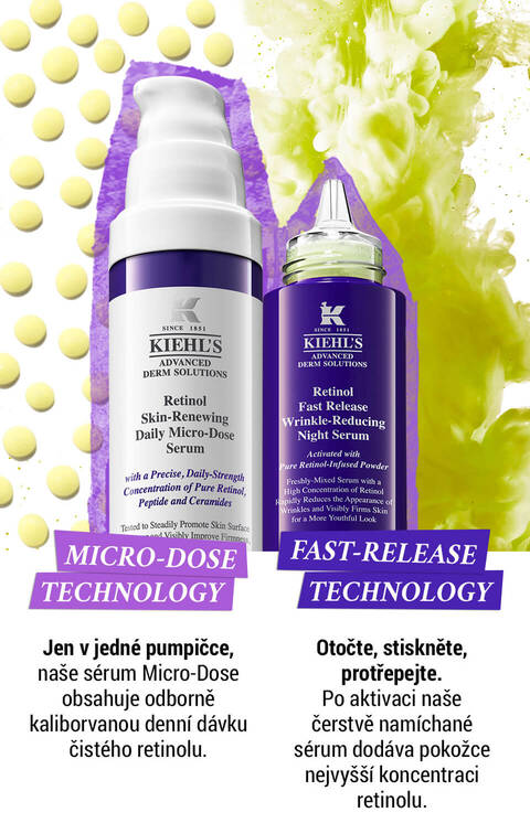 Obrazek propaguje serum Kiehl's s mikro-davkovou a rychle uvolňujici technologii, ktere obsahuji čisty retinol. Na obrazku jsou vyobrazeny dvě lahvičky s produkty a barevne graficke prvky symbolizujici učinnost.