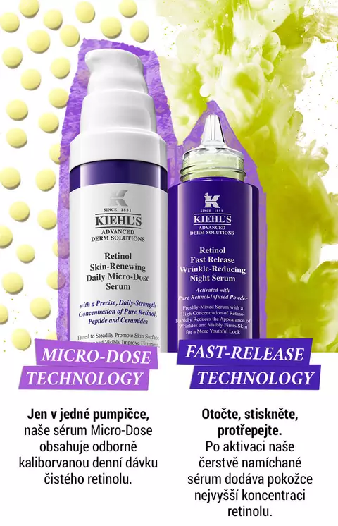 Obrazek propaguje serum Kiehl's s mikro-davkovou a rychle uvolňujici technologii, ktere obsahuji čisty retinol. Na obrazku jsou vyobrazeny dvě lahvičky s produkty a barevne graficke prvky symbolizujici učinnost.