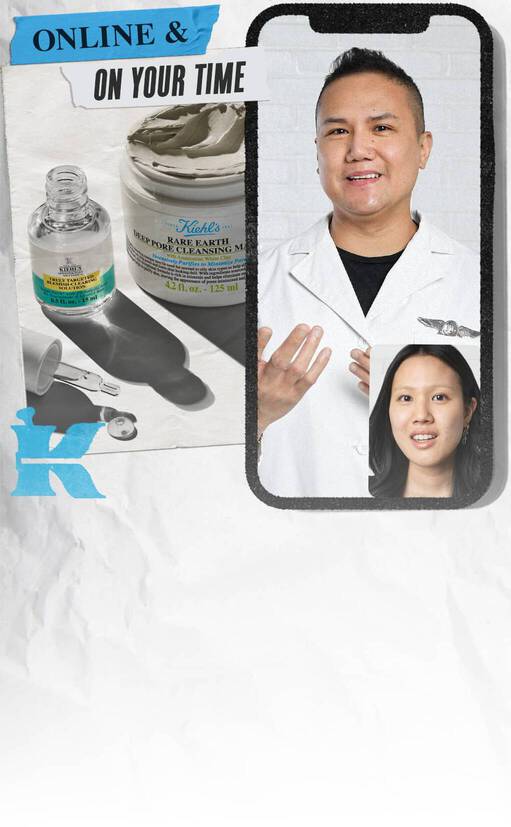 Na obrazku je model produktu Kiehl's, doplněny o fotografie dvou profesionalů v bilych plaštich. V pozadi je uveden napis "ONLINE & ON YOUR TIME."