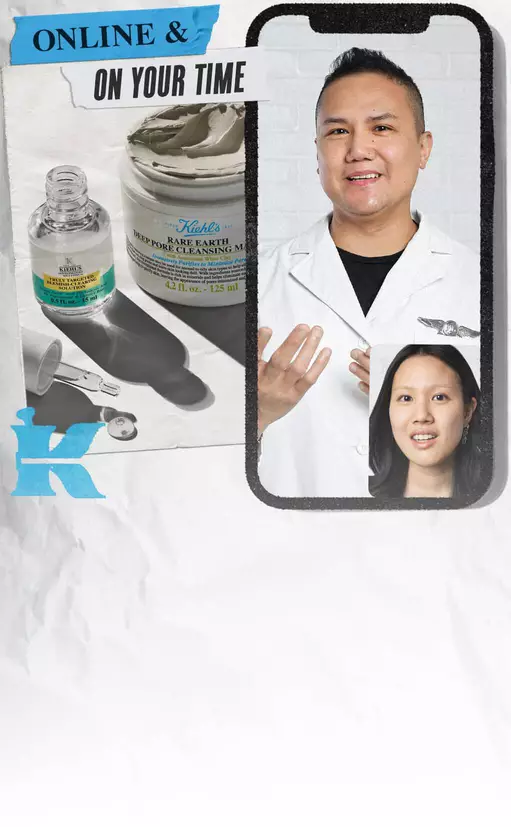Na obrazku je model produktu Kiehl's, doplněny o fotografie dvou profesionalů v bilych plaštich. V pozadi je uveden napis "ONLINE & ON YOUR TIME."