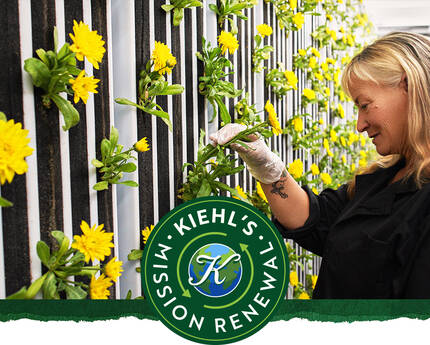 Žena upravuje rostliny na zdi, obklopena žlutymi květy, s logem Kiehl's v rohu.
