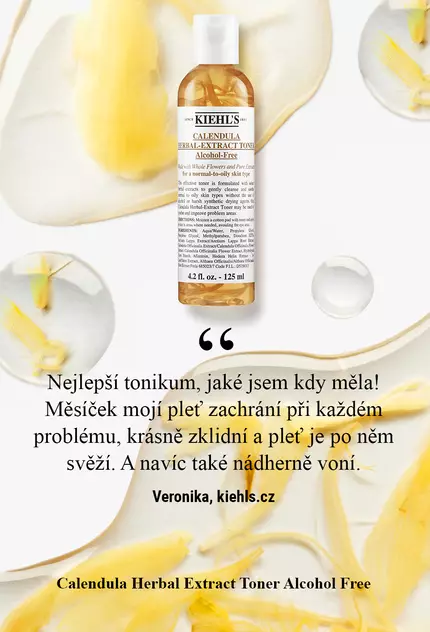 A bottle of Kiehl's Calendula Herbal-Extract Toner surrounded by calendula petals, accompanied by a customer testimonial about the product's refreshing qualities.