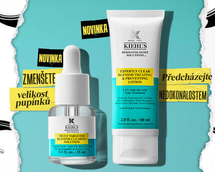 Obrazek obsahuje produkty Kiehl's na ošetřeni pleti, včetně ser a pleťoveho mleka, a je doplněn textem vyzyvajicim k akci.