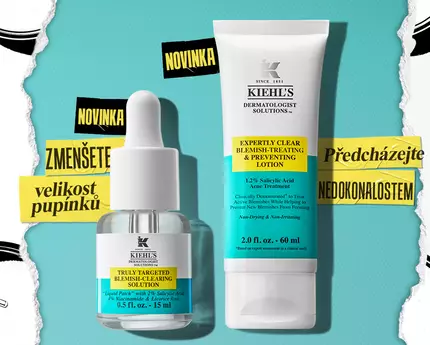Obrazek obsahuje produkty Kiehl's na ošetřeni pleti, včetně ser a pleťoveho mleka, a je doplněn textem vyzyvajicim k akci.