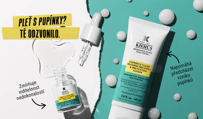 A graphic featuring Kiehl's acne treatment products, including an invisible liquid pimple patch and a lotion, both labeled for acne treatment with a focus on hydration and prevention.