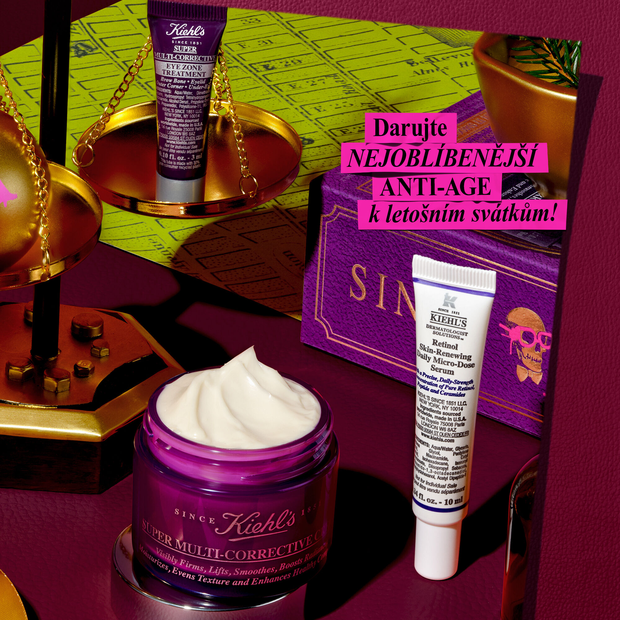 A dark green textured background features the gold text 'Kiehl's SHARING JOY SINCE 1851' with a green skull drawing. Three Kiehl's products are displayed: Calendula Herbal-Extract Toner, Rare Earth Pure Minimizing Clay Mask, and Ultra Facial Cream.