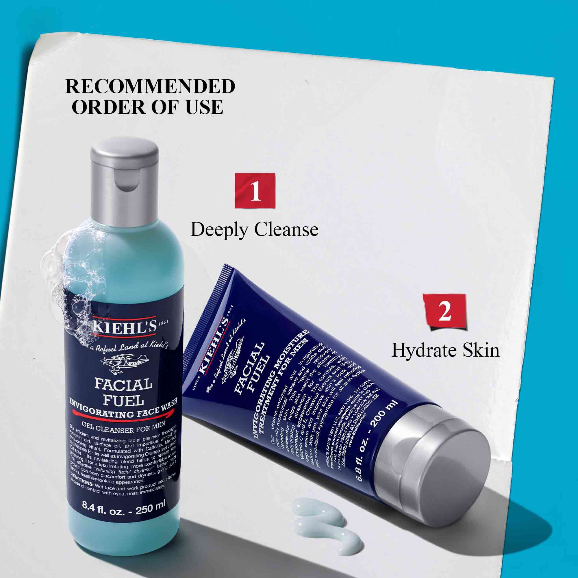 Kiehl's Facial Fuel Invigorating Face Wash and Energizing Moisture Treatment for Men. Recommended order of use: deeply cleanse, then hydrate skin.​