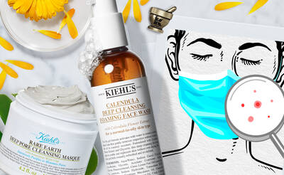 A collage featuring a jar of Kiehl's Rare Earth Deep Pore Cleansing Masque, a bottle of Kiehl's Calendula Deep Cleansing Foaming Face Wash, and an illustration of a person wearing a blue face mask with a red pimple on a sketch of a face. Yellow flower petals are scattered throughout the image.
