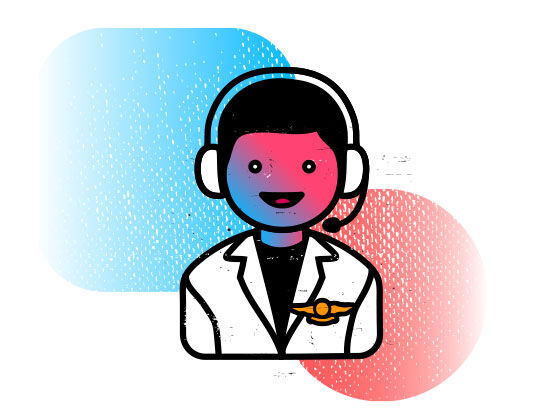 Ilustrovany pilot s headsetem a uniformou, usmivajici se, symbolizujici leteckou dopravu nebo služby.