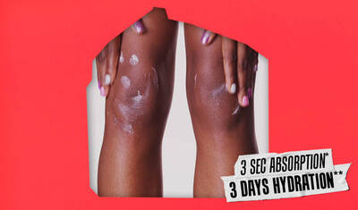 A close-up of two knees with white lotion applied, on a bright red background; text indicating "3 SEC ABSORPTION* 3 DAYS HYDRATION**" is included in the design.