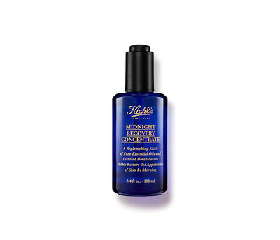 Modry skleněny flakon Kiehl's Midnight Recovery Concentrate, serum pro obnovu pleti s přirodnimi oleji a botanickymi extrakty.