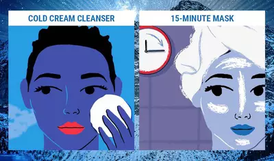 Illustration comparing two skincare products: a person using a cold cream cleanser on the left and another person applying a 15-minute mask on the right, with a clock in the background.