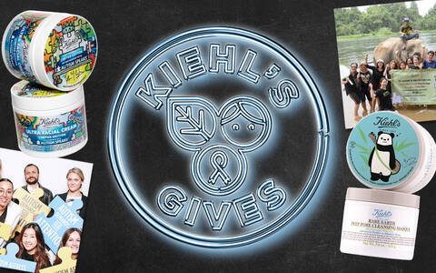 A collage featuring Kiehl's products alongside cheerful group photos from community events, emphasizing the brand's commitment to social initiatives and environmental awareness.