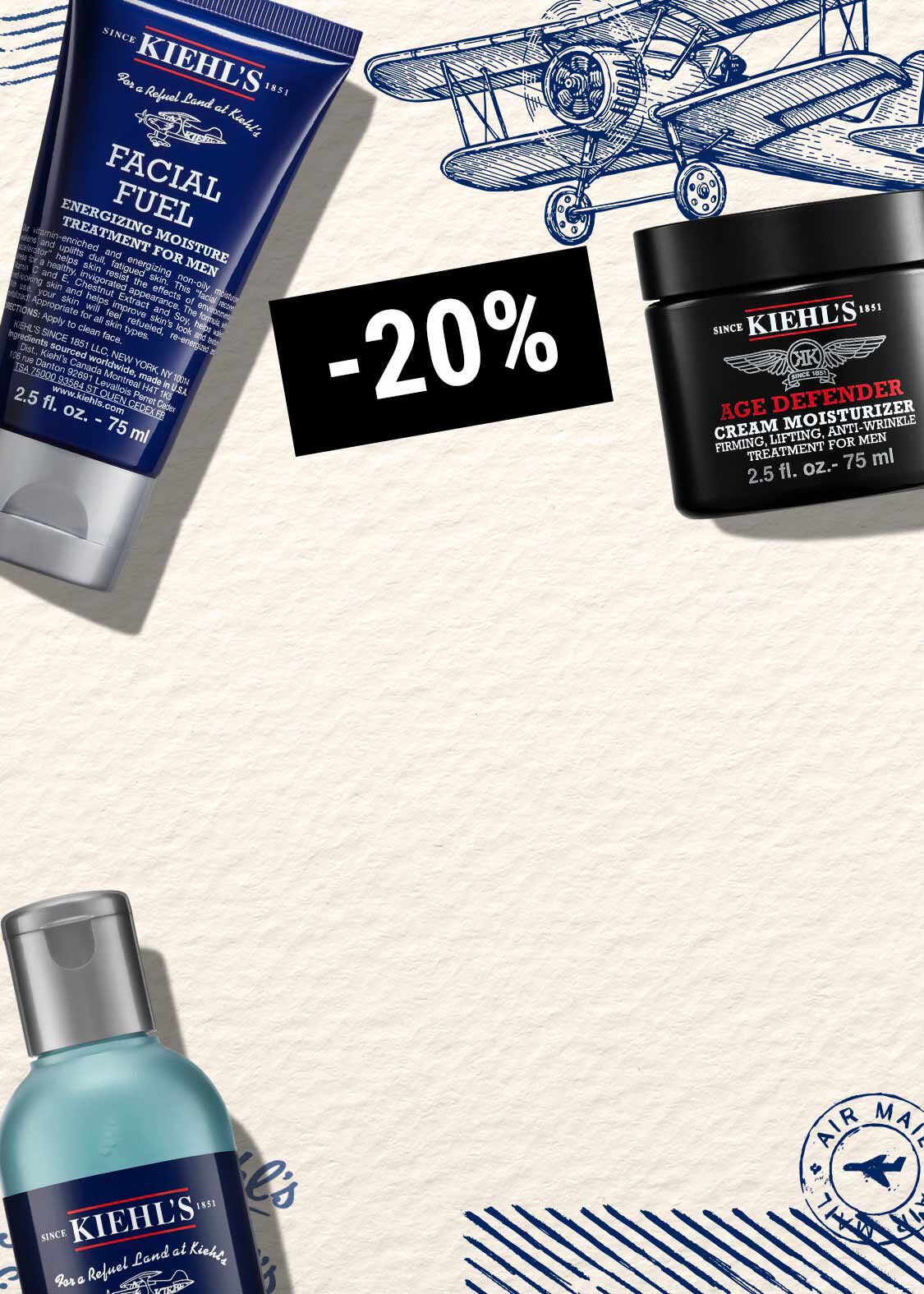 Vizual s bilym pozadim, skicou letadla a produkty Kiehl's.