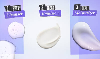 Three skincare steps are illustrated: 1. "Prep" with a cleanser (a translucent gel), 2. "Treat" with an emulsion (a creamy white texture), and 3. "Seal" with moisturizer (a smooth, glossy cream). Each step is labeled with bold text against a soft gradient background.