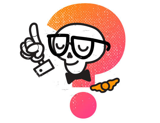 Kreslena lebka v brylich s motylkem a zamkem, ukazuje na velky otaznik.