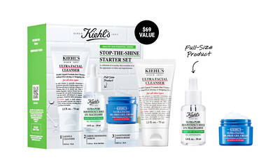 A product display featuring Kiehl's "Stop-the-Shine Starter Set," including an Ultra Facial Cleanser, Ultra Facial Oil-Free Gel Cream, and a sample of Ultra Facial Cream. The packaging highlights a $69 value.